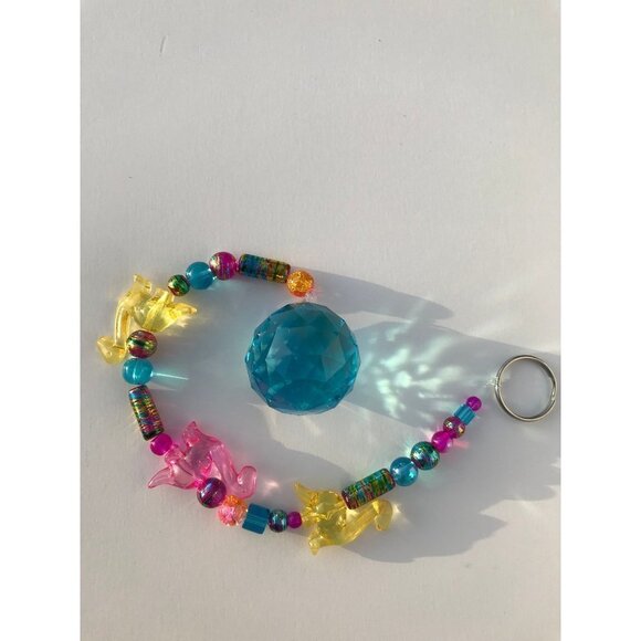 Handmade Other - Dinosaur Beaded Suncatcher Pink, Yellow & Blue Crystal Prism Hanging Patio Decor
